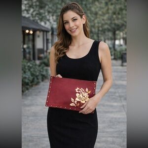 NWT White House Black Market Burgundy Floral Embroidered Evening Clutch Bag
